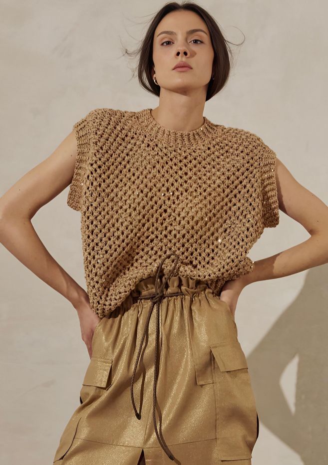 Вязаный золотистый джемпер-сетка с пайетками из хлопка