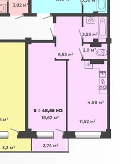 2-комнатная квартира 48,27кв.м. Генерала Тихонова 3