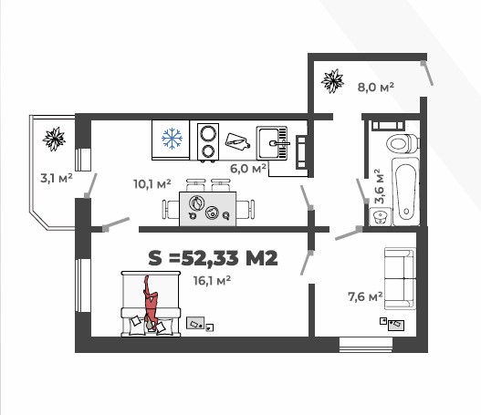 2-комнатная квартира 52,33кв.м. Трудовая, 93