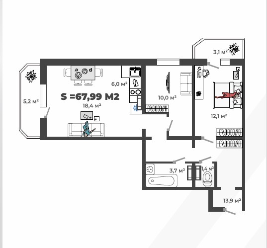2-комнатная квартира 67,99кв.м. Трудовая, 93