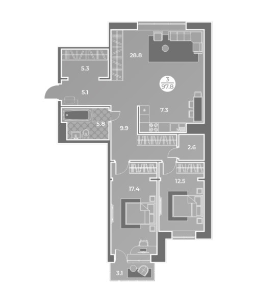 3-комнатная квартира 97,8кв.м.Генерала Тихонова 7