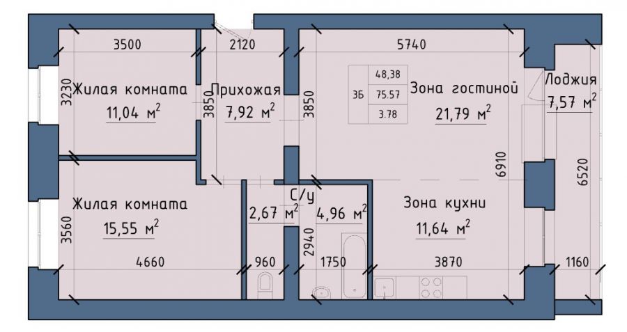 3-комнатная квартира 86,96кв.м. Авиаторов 1Д