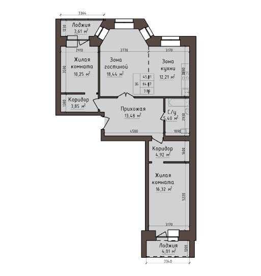 3-комнатная квартира 88,67кв.м. Авиаторов 5