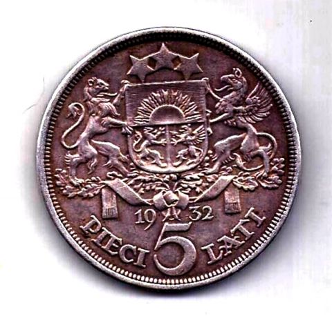 5 лат 1932 Латвия Редкий год AUNC-XF