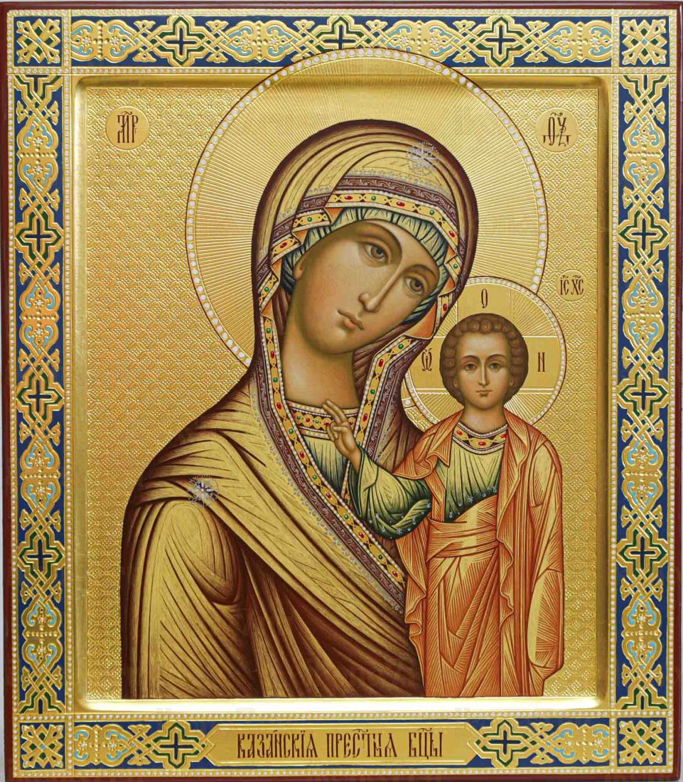 Казанская рукописная икона Богородицы 27х31см (Палех) (сусальное золото с чеканкой)