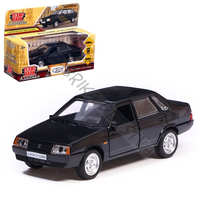 Машинка металлическая ВАЗ-21099, ретро - модель «СПУТНИК», открываются двери, багажник, инерция, 12 см, чёрный