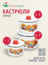 Набор посуды эмалированная сталь, 3 предмета, кастрюли 1.5,2.9,4.5 л, индукция, СтальЭмаль, Варенье, 1с144