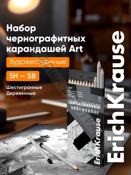 Набор карандашей чернографитных ErichKrause, 12 штук, разной твёрдости, шестигранные, деревянные, серебристый корпус