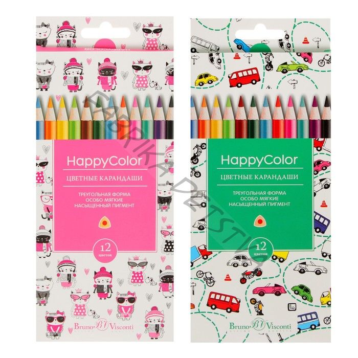 Карандаши цветные 12 цветов BrunoVisconti Happycolor, трёхгранные, МИКС