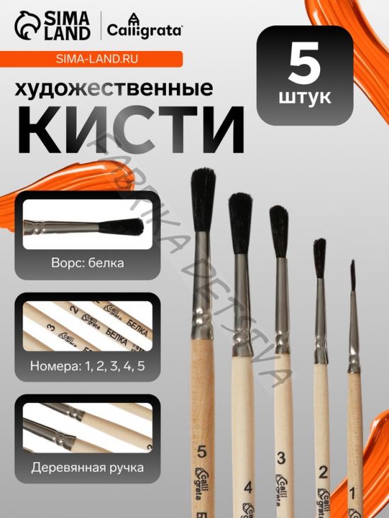 Набор кистей для рисования, белка, 5 штук: №: 1, 2, 3, 4, 5, Calligrata, круглые, деревянная ручка, в пенале