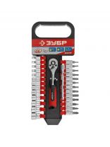 Набор торцевых головок 28 предметов, 1/4", 4-14 мм, с трещоткой, Зубр, ТР-28, 27645-H28