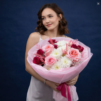 Букет из роз, хризантем с кониферном