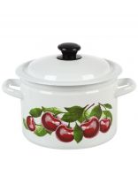 Кастрюля эмалированная сталь, 4 л, крышка сталь, цилиндрическая, Керченский металлургический завод, Вишневый сад, 41704-142/6-У4, белая