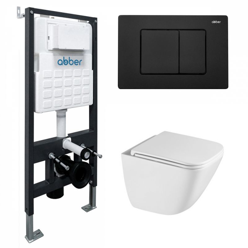 Комплект подвесной унитаз ABBER Rechteck AC1220TC белый, AC1220TC-AC0105-AC0120MB черный матовый