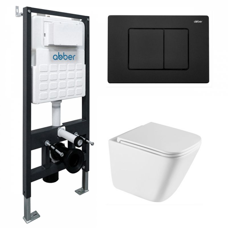 Комплект подвесной унитаз ABBER Rechteck AC1219TC белый, AC1219TC-AC0105-AC0120MB черный матовый