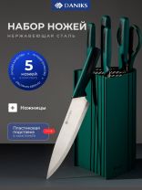 Набор ножей 7 предметов, 20, 20, 12.5, 20, 9 см, зеленый, нержавеющая сталь, рукоятка пластик, с подставкой, пластик, Daniks, Emerald, S-K42635-T7B
