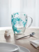 Кружка стекло, 350 мл, Голубые лепестки, двойные стенки, Y4-9728