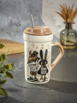 Кружка керамика, 580 мл, Кролики тренд, с крышкой, с трубочкой, с крышкой, Y4-9006, в ассортименте