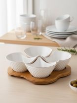 Менажница фарфор, 18х18х5 см, 4 секции, деревянная подставка, Lefard, Диаманд голд, 359-380