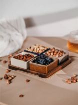 Менажница для сервировки, керамика, 19х19х1.5 см, 4 секции, 5 предметов, деревянная подставка, Apollo, Breeze, BRZ-06