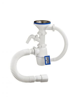 Сифон для мойки, 3" 1/2, 40х40/50, пластик, с выпуском, с переливом, прямоугольный перелив, с отводом, с гофрой, Orio, А-4011