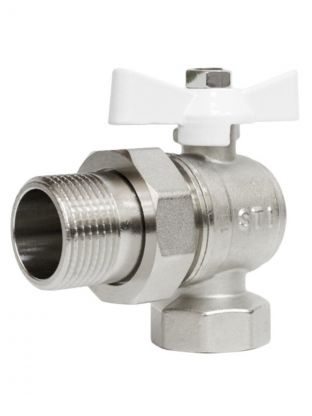 Кран для воды, 1", латунь, угловой, ручка-бабочка, с американкой, STI