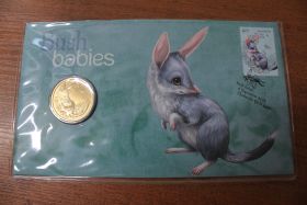 Австралия Комплект марка + 1 доллар "Детеныши диких животных. Кроличий бандикут. Bush Babies" 2011 год UNC