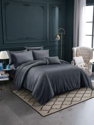 Постельное белье евро, простыня 220х240 см, 2 наволочки 70х70 см, пододеяльник 200х220 см, Майская ночь, страйп-полисатин, серое, 30/005-PSS/MAY