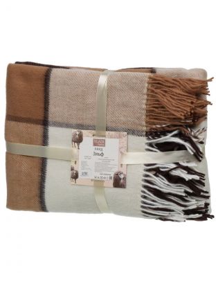 Плед 1.5-спальный, 140х200 см, 70% новозеландская шерсть, 30% полиэстер, Vladi, Эльф, Liam, бело-бежево-коричневый