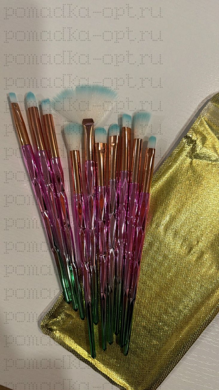 Кисти розово-зеленый 10 шт тонкая косметичка