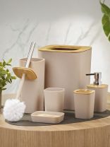 Набор для ванной 6 предметов, бежевый/дерево, пластик, стакан, подставка для зубных щеток, дозатор для мыла, мыльница, A350053