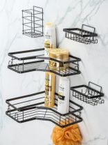 Полка для ванной металл, настенная, 2 яруса, 5 предметов, черная, Y4-9924
