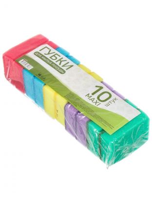 Губка для посуды, 10 шт, Макси, поролон, абразивная фибра, 9.3х6.5х3 см, 17116, разноцветная
