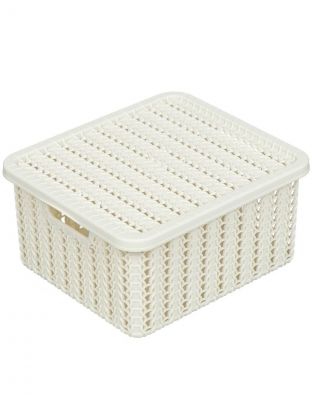 Корзина 1.5 л, прямоугольная, плетеная, пластик, белый ротанг, с крышкой, Idea, Вязание, М2368