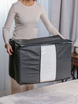 Кофр для хранения, с крышкой, складной, 62х35х45 см, с молнией, черная клетка, с окном, A190067