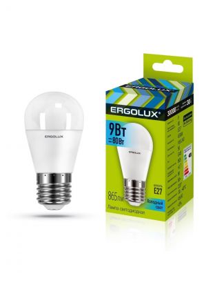 Лампа светодиодная E27, 9 Вт, 80 Вт, 220 В, шар, 4000 К, нейтральный белый свет, Ergolux, 13177