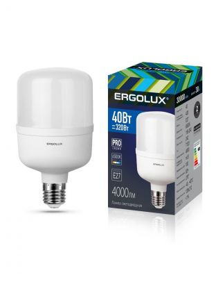Лампа светодиодная E27, 40 Вт, 320 Вт, 150-240 В, цилиндрическая, 6500 К, холодный белый свет, Ergolux, LED-HW-40 PRO
