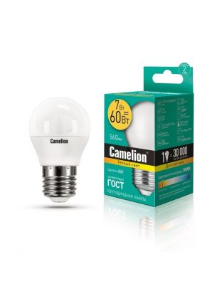 Лампа светодиодная E27, 7 Вт, 60 Вт, 220 В, шар, 3000 К, теплый белый свет, Camelion, 12070