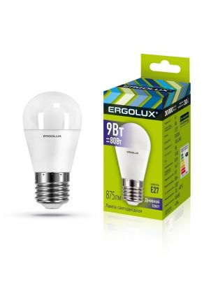 Лампа светодиодная E27, 9 Вт, 80 Вт, шар, 6500 К, холодный белый свет, Ergolux, 13178
