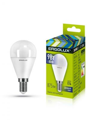 Лампа светодиодная E14, 9 Вт, 80 Вт, шар, 6500 К, холодный белый свет, Ergolux, 13175