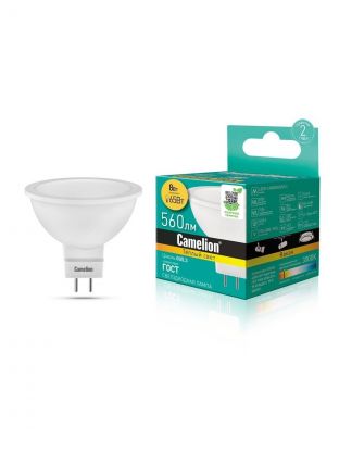 Лампа светодиодная GU5.3, 8 Вт, 65 Вт, 220 В, рефлектор, 3000 К, теплый белый свет, Camelion, 12871