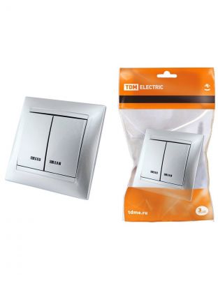 Выключатель скрытой установки, двухклавишный, без заземления, 10 А, подсветка, серебряный металлик, TDM Electric, Лама, SQ1815-0205