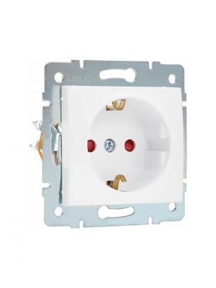 Розетка 1 гнездо, с заземлением, 16 А, 220 В, с защитными шторками, пластик, IP20, белая, с защитой от детей ПБТ, Lezard, Karina, 707-0288-124B