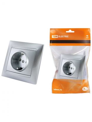 Розетка скрытой установки, 1 гнездо, с заземлением, 16 А, 250 В, с защитными шторками, серебряный металлик, TDM Electric, Лама, SQ1815-0211