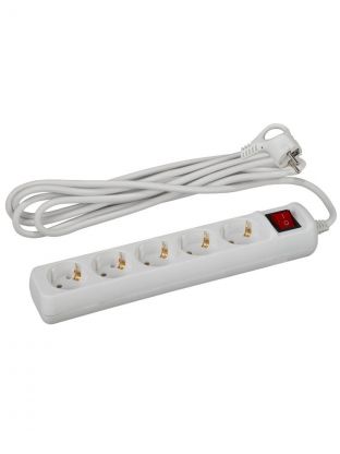 Удлинитель бытовой 5 гнезд, 3 м, ПВС, 3х0.75 мм2, с заземлением, 10 А, выключатель, Эра, UX-5es-3m, Б0035757