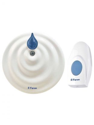 Звонок дверной беспроводной, на батарейках, 36 мелодий, кнопка IP 20, 2 х 1.5 В, АА, белый, синий, Feron, Е374, 23687