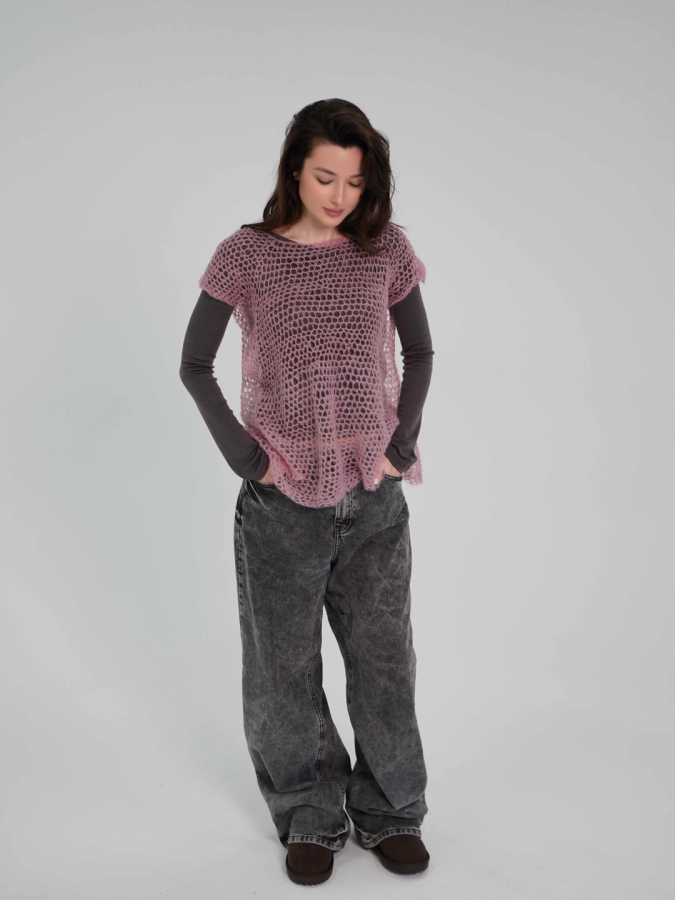 Паутинка из шелка розовая с коротким рукавом