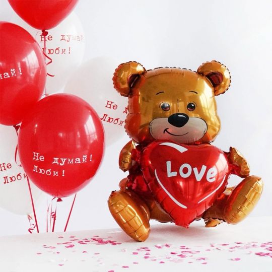 Мишка с сердечком 3д шар фигурный фольгированный с воздухом