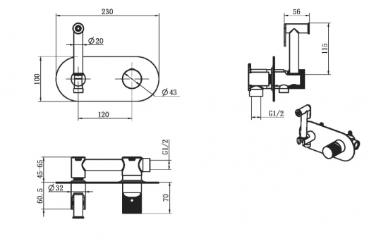 Однорычажный смеситель для гигиенического душа с ручкой Diamond Boheme Stick 127 схема 14