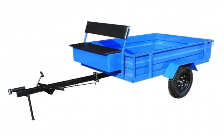 Прицеп Грузоподёмность 500 кг с тормозами вес 85 кг. Откидной задний борт;  Угол наклона кузова: 30 градусов